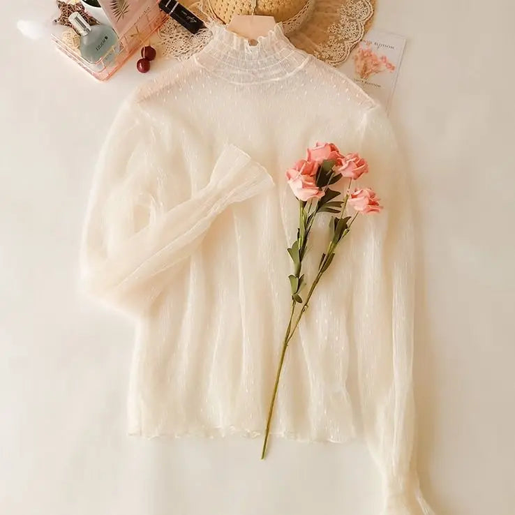 Blusa Malla Transparente Cuello Alto Encaje