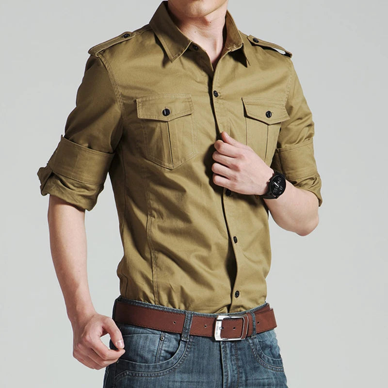 Camisa Militar Hombre Bolsillos Manga Larga