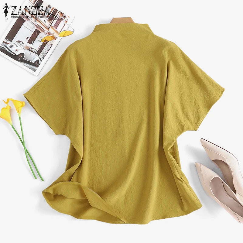 Blusa de Algodón Puro ZANZEA - Manga Corta con Cierre Trasero