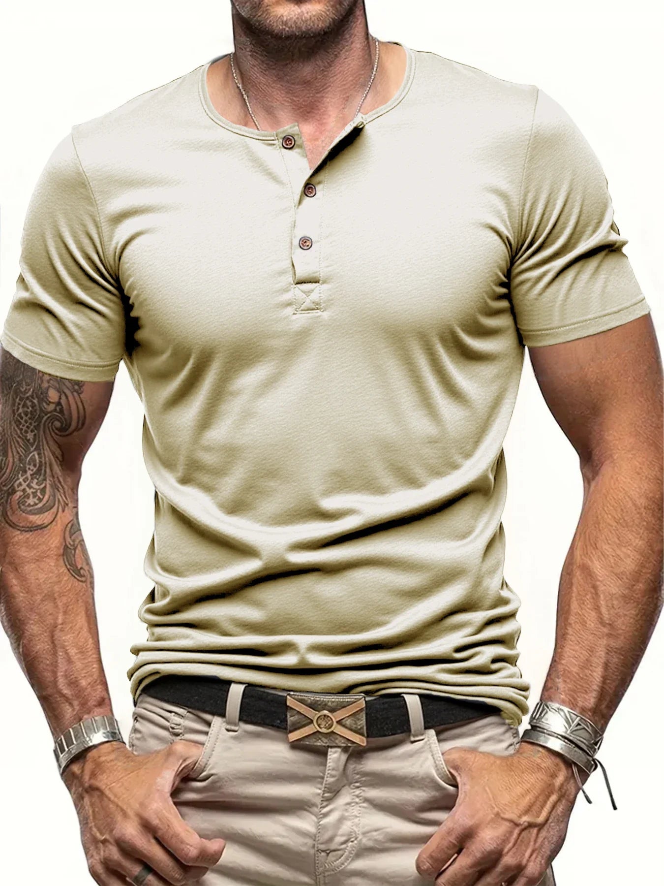 Camiseta Cuello Henley Hombre Manga Corta