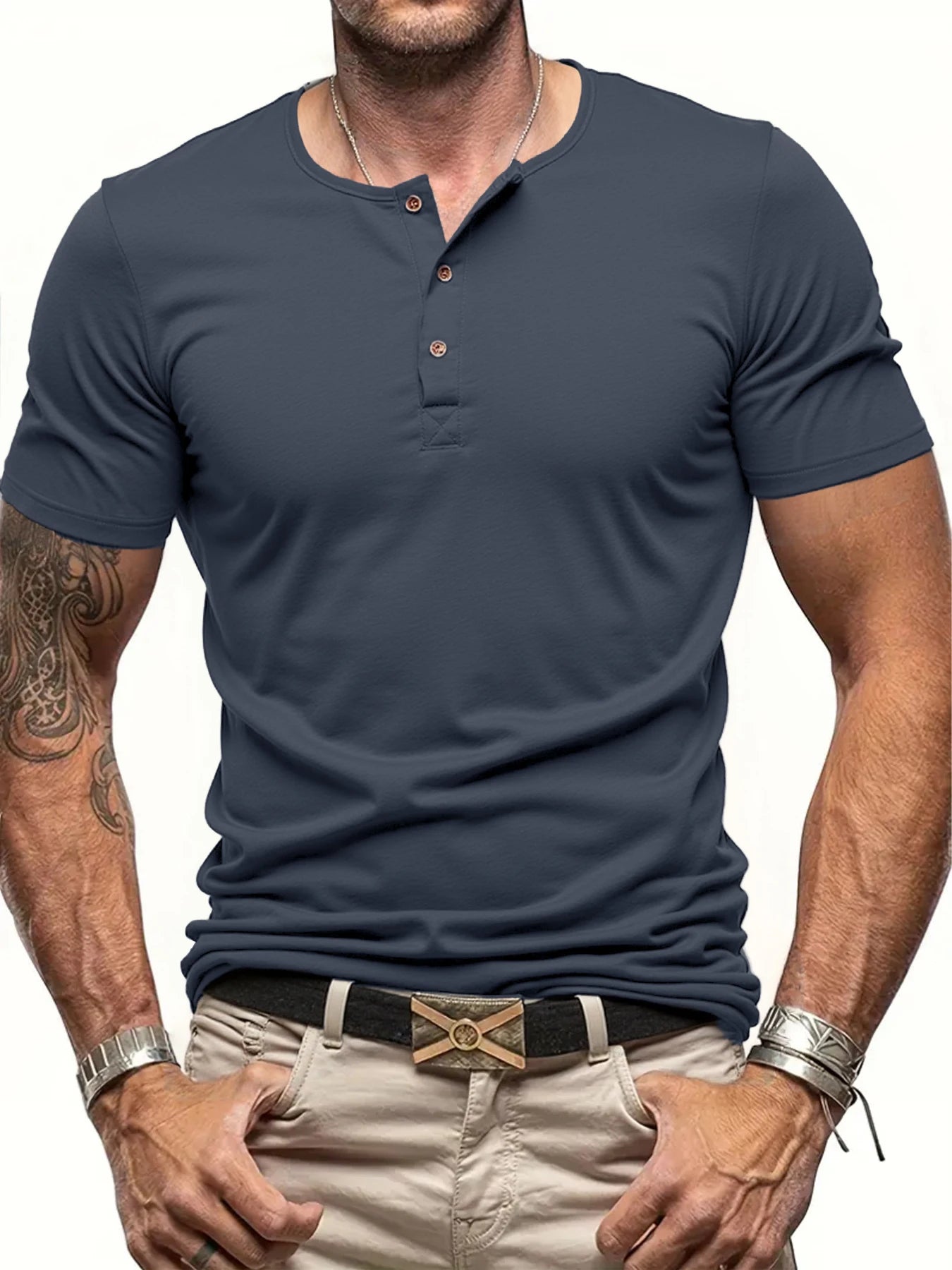 Camiseta Cuello Henley Hombre Manga Corta