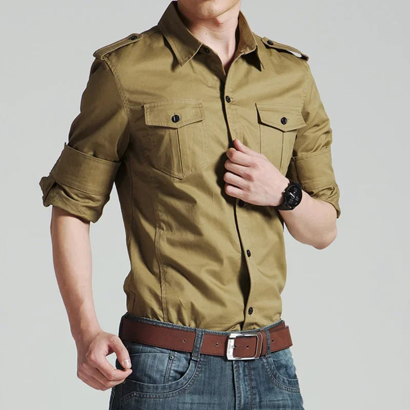 Camisa Militar Hombre Bolsillos Manga Larga