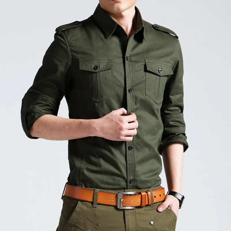 Camisa Militar Hombre Bolsillos Manga Larga