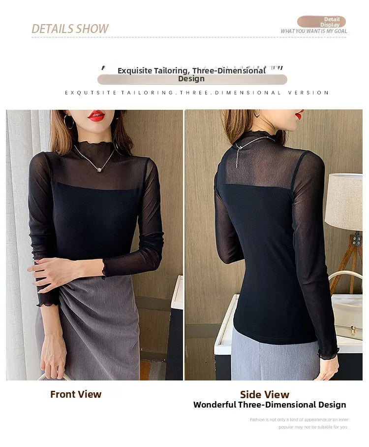 Camiseta Malla Encaje Cuello Alto Manga Larga