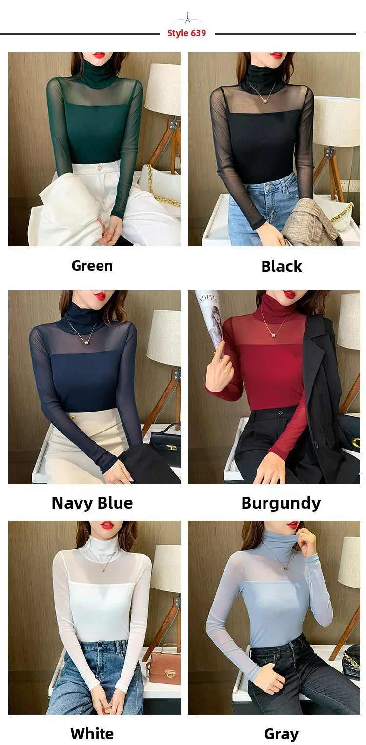 Camiseta Malla Encaje Cuello Alto Manga Larga