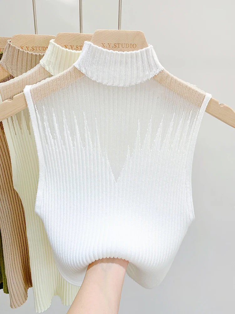 Top Malla Tejida Y2K - Tank Top Sin Mangas Cuello Medio Ajustado Mujer