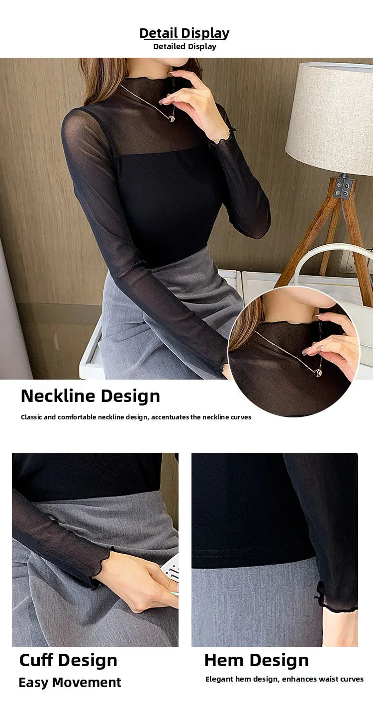 Camiseta Malla Encaje Cuello Alto Manga Larga