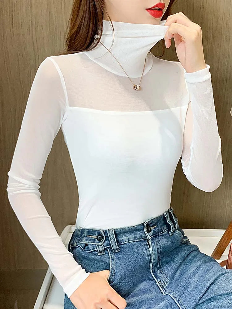 Camiseta Malla Encaje Cuello Alto Manga Larga