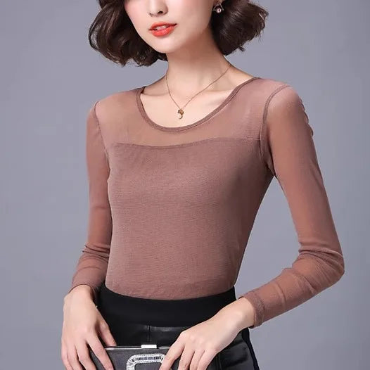 Camiseta Malla Encaje Cuello Alto Manga Larga