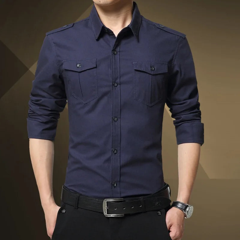 Camisa Militar Hombre Bolsillos Manga Larga