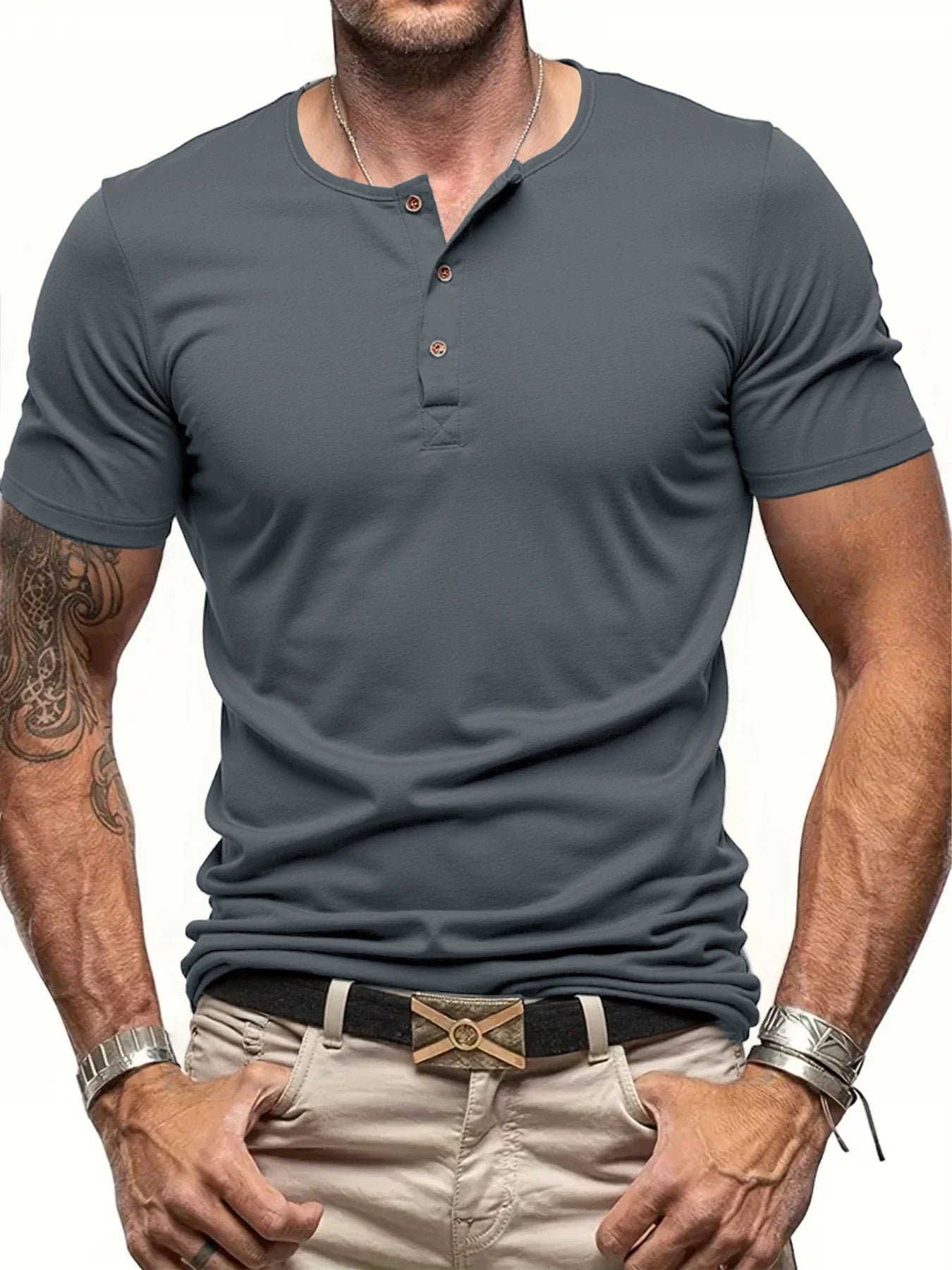 Camiseta Cuello Henley Hombre Manga Corta