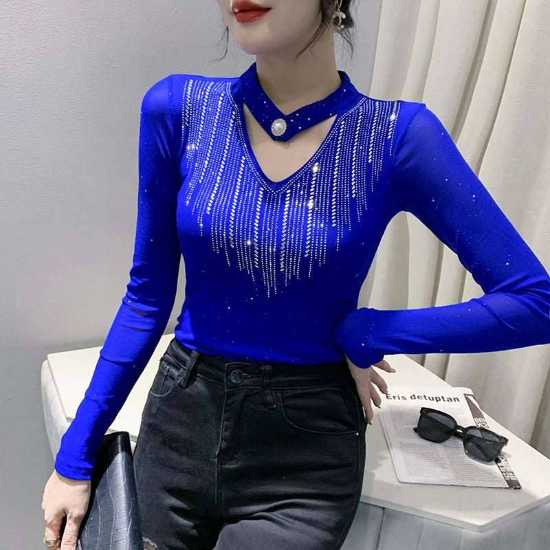 Camiseta Malla Cuello V Pedrería Sexy