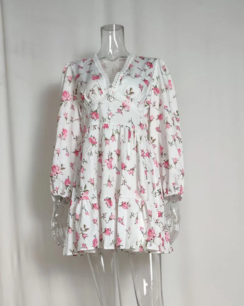 Vestido Floral Encaje Cuello V Elegante