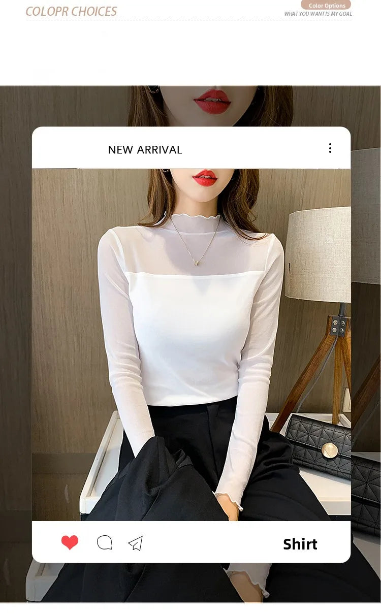 Camiseta Malla Encaje Cuello Alto Manga Larga