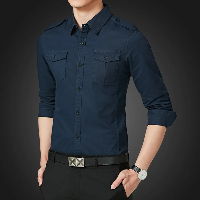 Camisa Militar Hombre Bolsillos Manga Larga