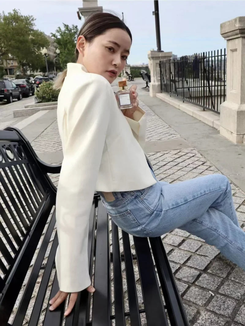 Blazer Blanco Profesional - Chaqueta Mujer Cuello Mao Corta