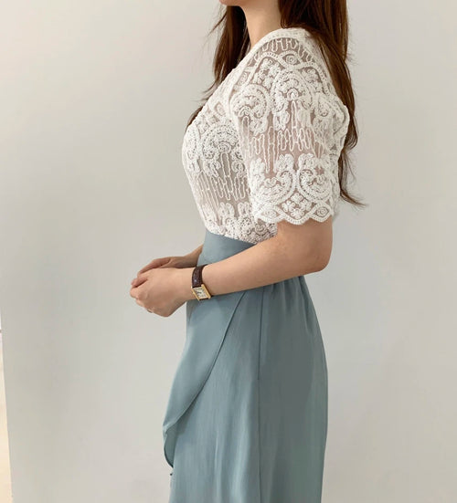 Blusa Encaje Bordado Transparente Manga Corta