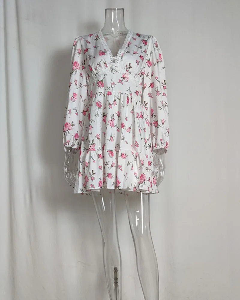 Vestido Floral Encaje Cuello V Elegante