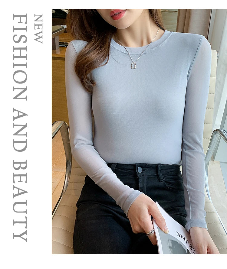 Camiseta Malla Encaje Cuello Alto Manga Larga