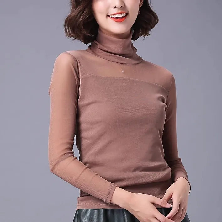 Camiseta Malla Encaje Cuello Alto Manga Larga