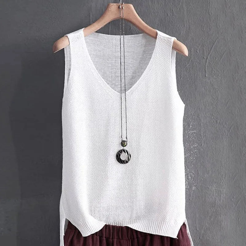 Blusa Punto Cuello V Mujer Sin Mangas