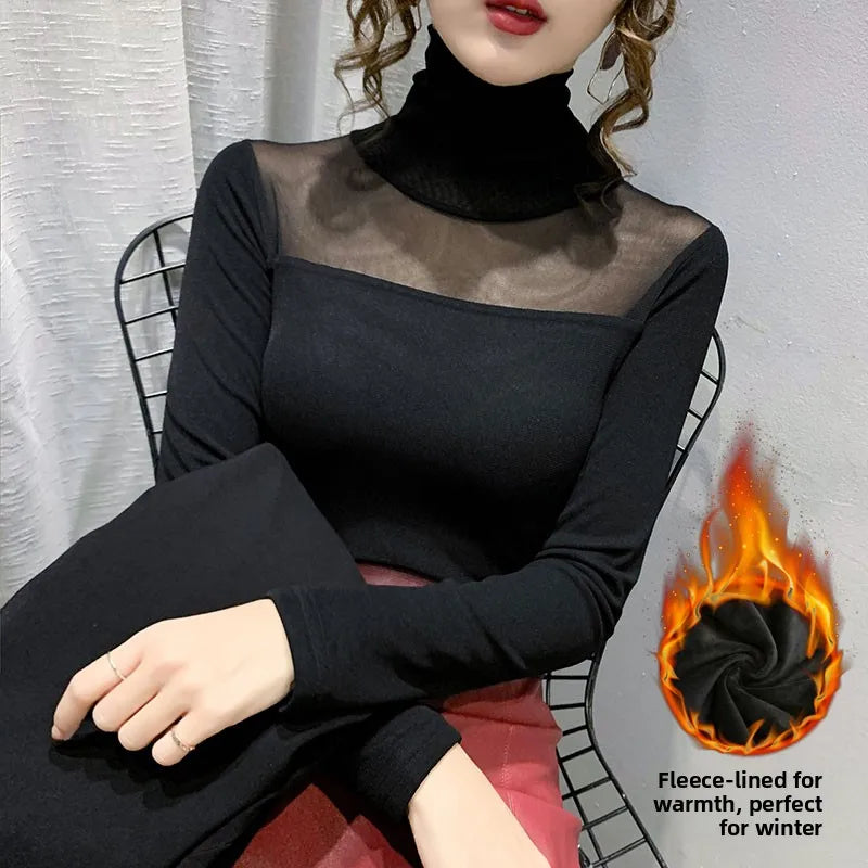 Camiseta Malla Encaje Cuello Alto Manga Larga