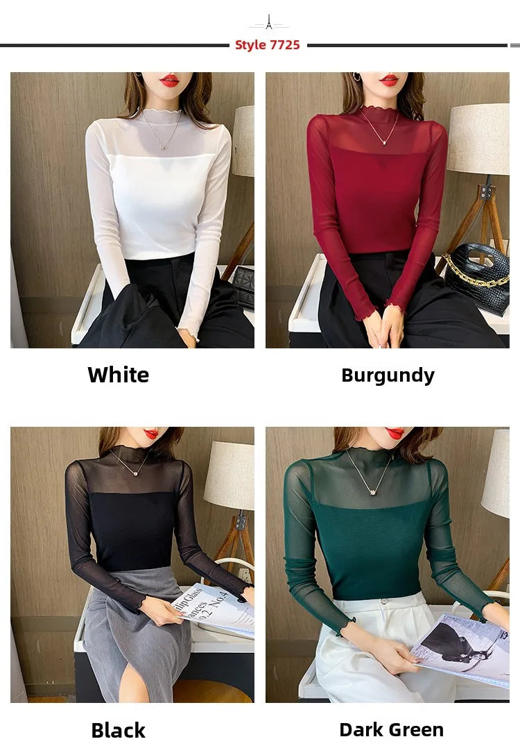 Camiseta Malla Encaje Cuello Alto Manga Larga