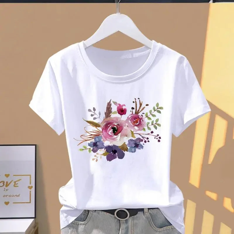 Camiseta Mujer Estampado Floral - T-Shirt Oversize Manga Corta Casual
