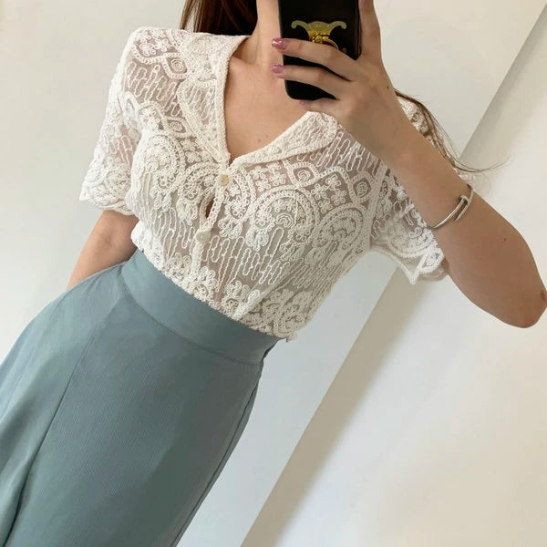 Blusa Encaje Bordado Cárdigan Verano