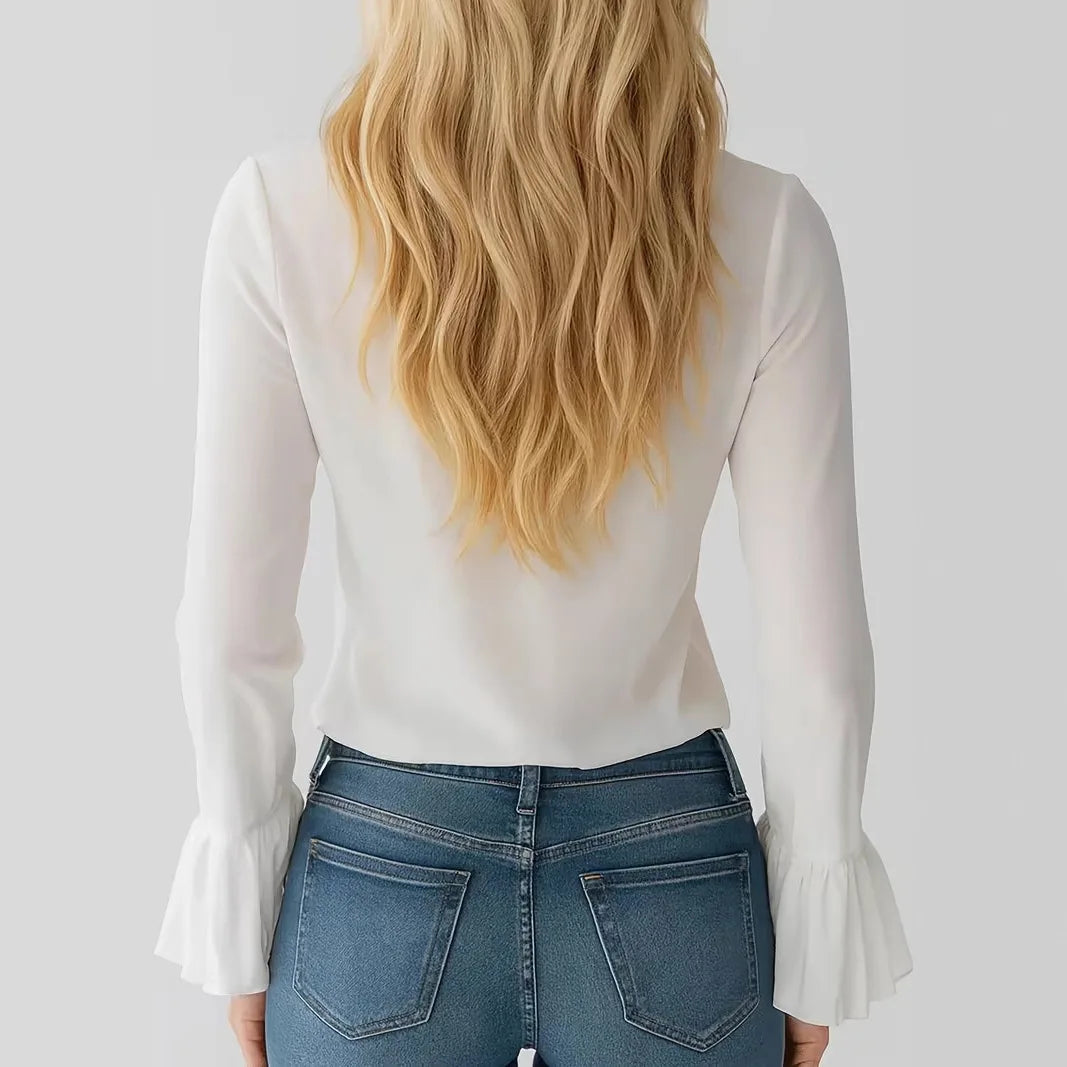 Blusa Francesa Elegante con Volantes - Manga Larga Cuello V