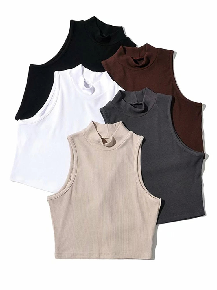 Crop Top Cuello Alto Mujer - Tank Top Sin Mangas Verano 5 Colores