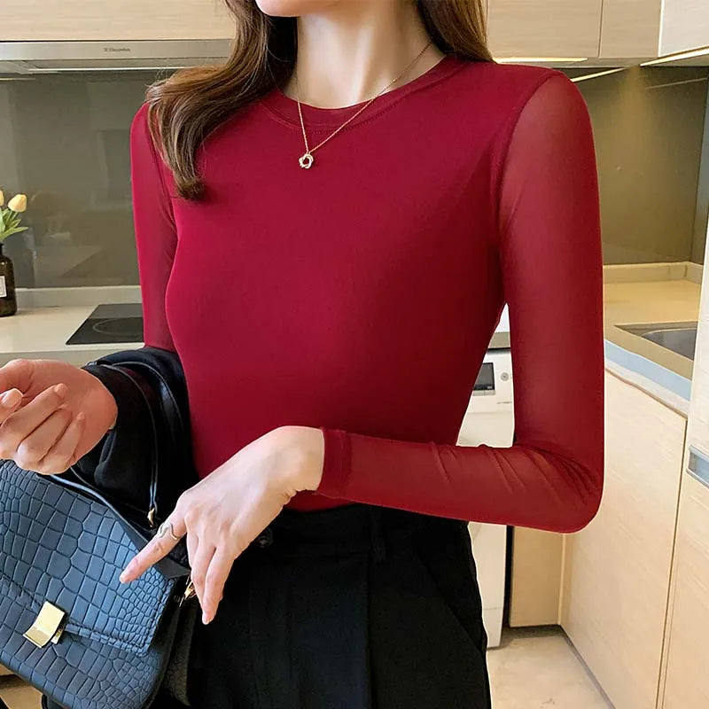 Camiseta Malla Encaje Cuello Alto Manga Larga