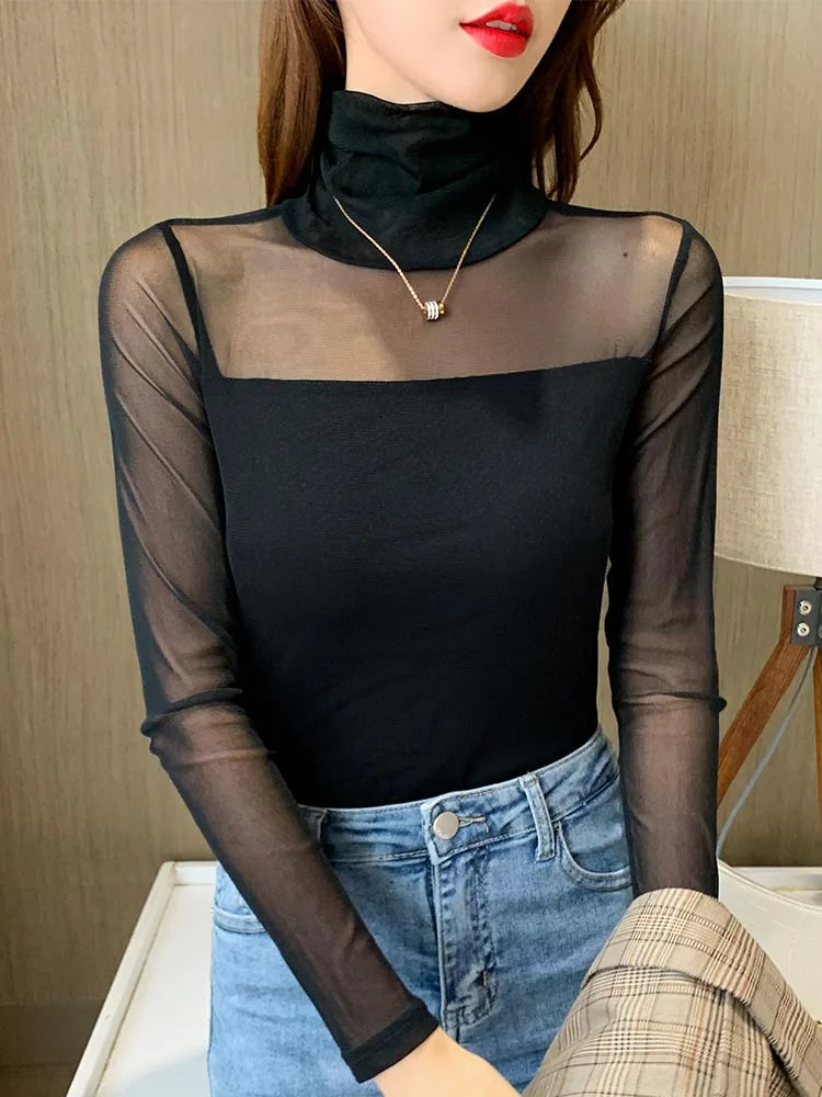 Camiseta Malla Encaje Cuello Alto Manga Larga