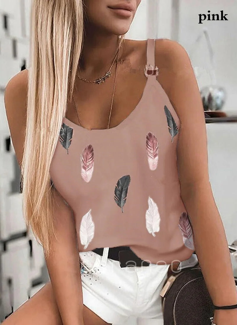 Camiseta Sin Mangas Estampado Plumas Casual