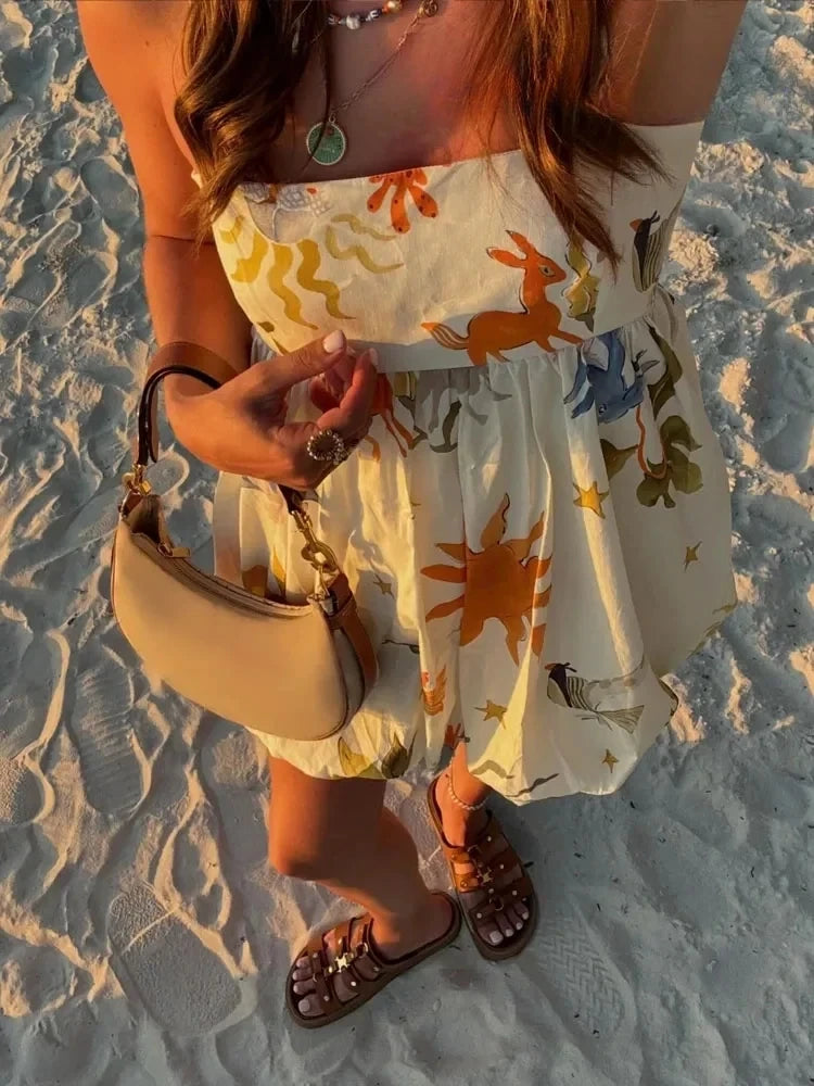 Vestido Mini Estampado - Vestido Verano Mujer Sin Mangas con Espalda Descubierta