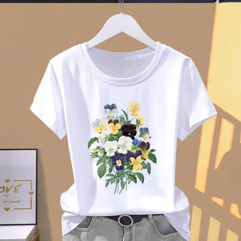 Camiseta Mujer Estampado Floral - T-Shirt Oversize Manga Corta Casual