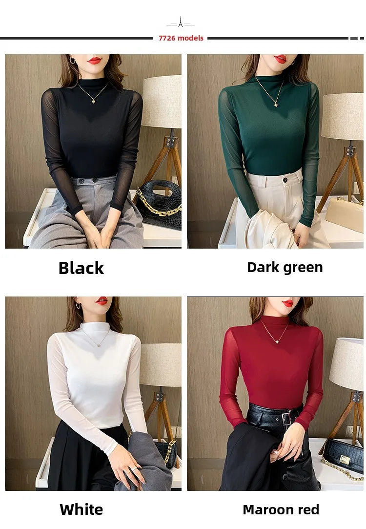 Camiseta Malla Encaje Cuello Alto Manga Larga