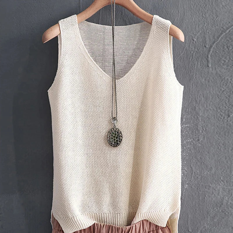 Blusa Punto Cuello V Mujer Sin Mangas