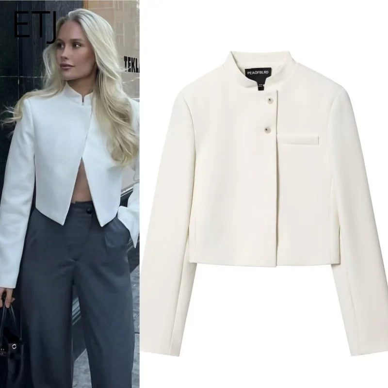 Blazer Blanco Profesional - Chaqueta Mujer Cuello Mao Corta