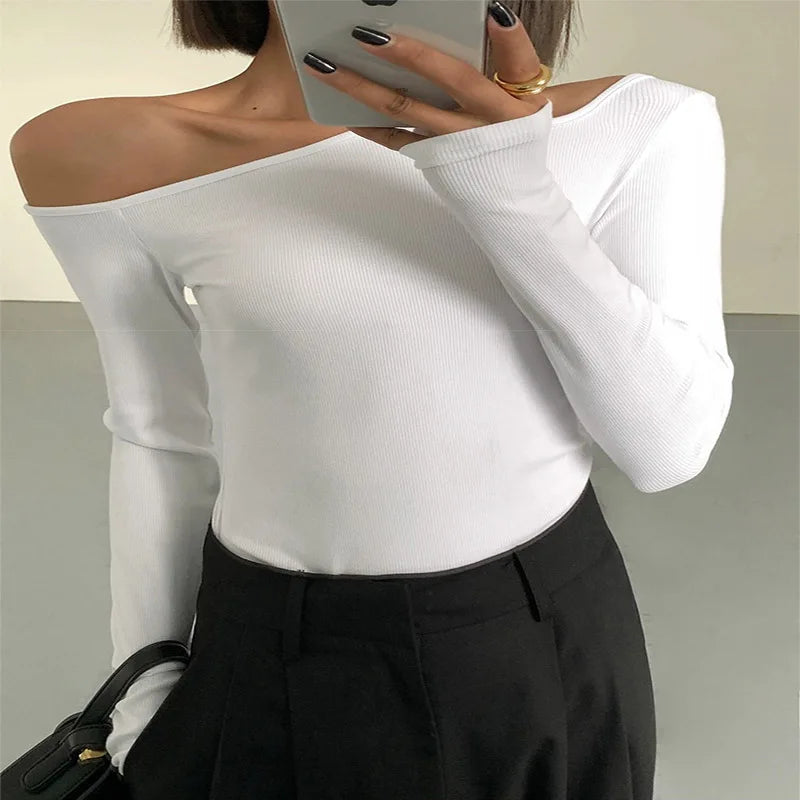 Blusa Crop Top Hombros Descubiertos Manga Larga para Mujer