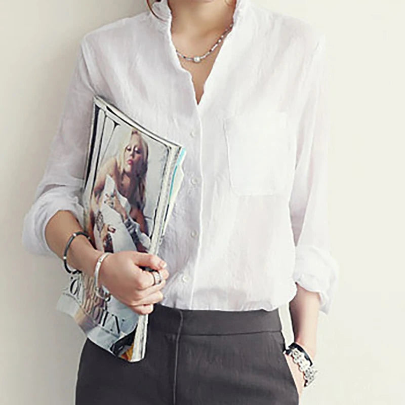 Blusa Coreana Algodón Lino Manga Larga