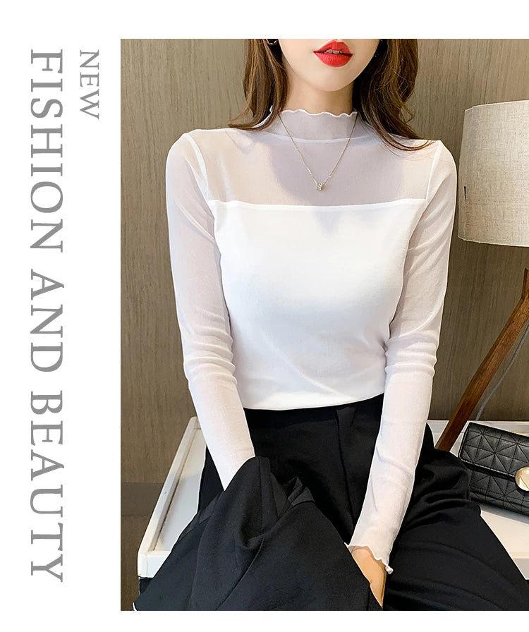 Camiseta Malla Encaje Cuello Alto Manga Larga